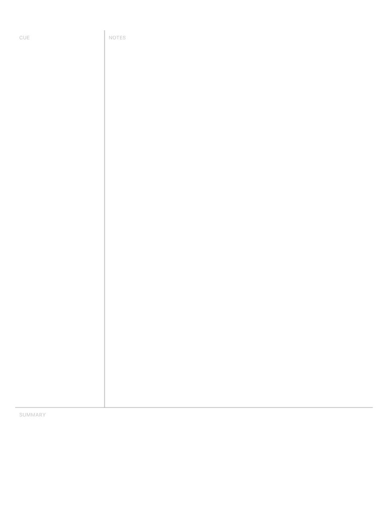 Cornell notes template: cue column on the left, notes on the right, summary at the bottom